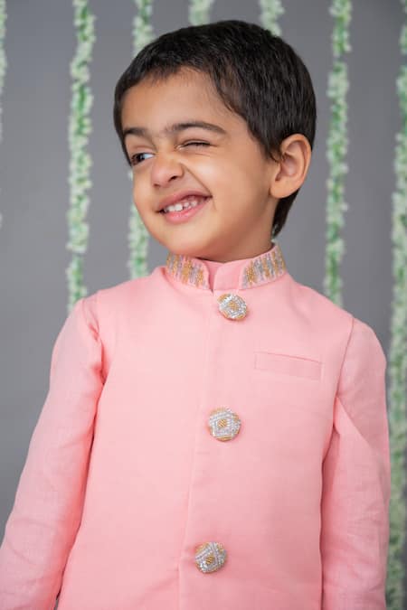 Label Neeti_Pink Linen, Cotton Sequins Embroidered Bundi Kurta Set _Online_at_Aza_Fashions