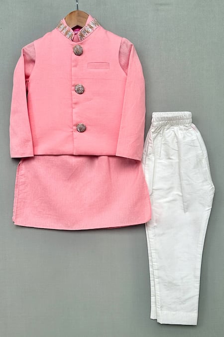 Buy_Label Neeti_Pink Linen, Cotton Sequins Embroidered Bundi Kurta Set _Online_at_Aza_Fashions