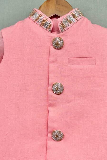 Label Neeti_Pink Linen, Cotton Sequins Embroidered Bundi Kurta Set _at_Aza_Fashions