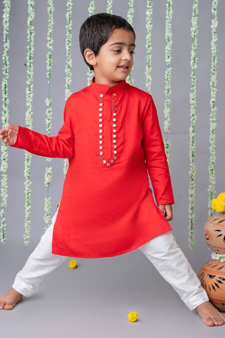 Shop_Label Neeti_Red Satin, Mirrors Embroidered Kurta Set _at_Aza_Fashions