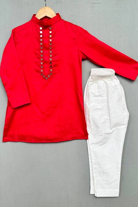 Label Neeti_Red Satin, Mirrors Embroidered Kurta Set _Online_at_Aza_Fashions