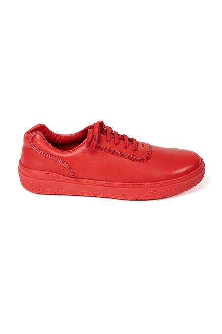 Jeetinder Sandhu_Red Leather Sneakers With Zig Zag Lace Trims _Online_at_Aza_Fashions