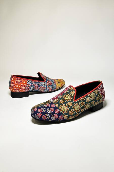 Jeetinder Sandhu_Multi Color Mic Kantha Embroidered Loafers _Online_at_Aza_Fashions