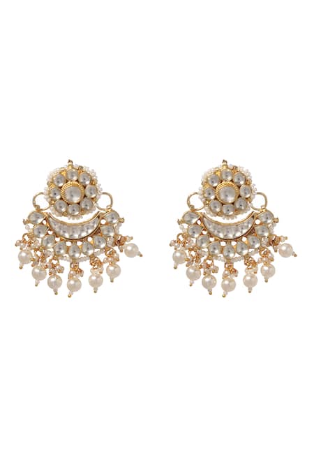 Shop Minaki White Pearls, Stones Kundan Studded Floral Crecent Chandbali Earrings at Aza Fashions Shop_Minaki_White Pearls, Stones Kundan Studded Floral Crecent Chandbali Earrings _at_Aza_Fashions