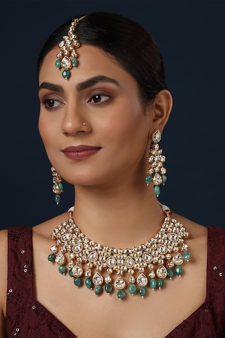 MINAKI Kundan Studded Drop Collar Necklace Set 