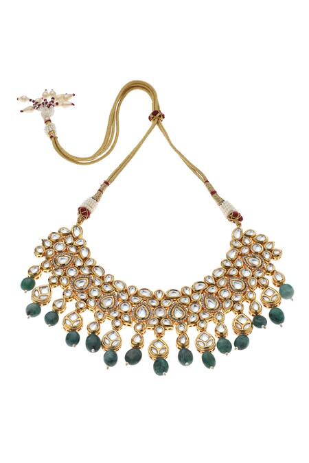 Minaki_Green Beads Kundan Studded Drop Collar Necklace Set _Online_at_Aza_Fashions
