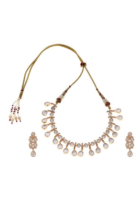 MINAKI Gold Plated Kundan Polki Studded Geometric Bar Necklace Set  2