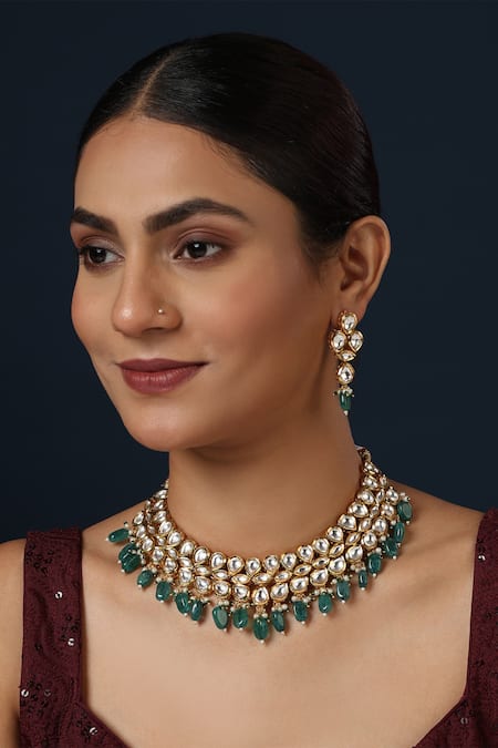 MINAKI Green Kundan Studded Cluster Collar Necklace Set 