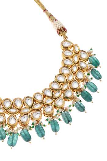 Minaki_Green Beads, Diamonds Kundan Studded Cluster Collar Necklace Set _Online_at_Aza_Fashions