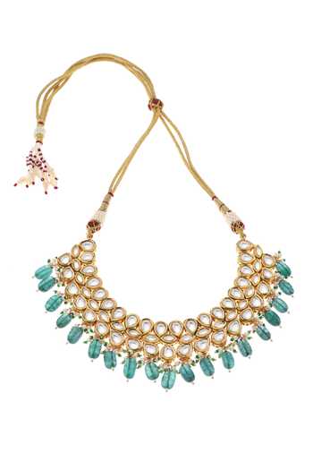 Buy_Minaki_Green Beads, Diamonds Kundan Studded Cluster Collar Necklace Set _Online_at_Aza_Fashions