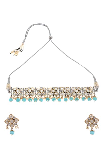 Shop Minaki Blue Stones, Beads Kundan Studded Floral Choker Set at Aza Fashions Shop_Minaki_Blue Stones, Beads Kundan Studded Floral Choker Set_at_Aza_Fashions
