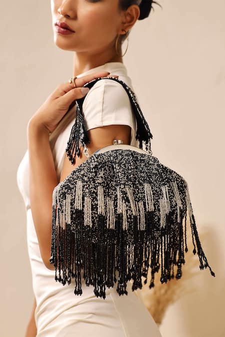 THE TAN CLAN Black Bead Amour Tassel Embellished Batua 