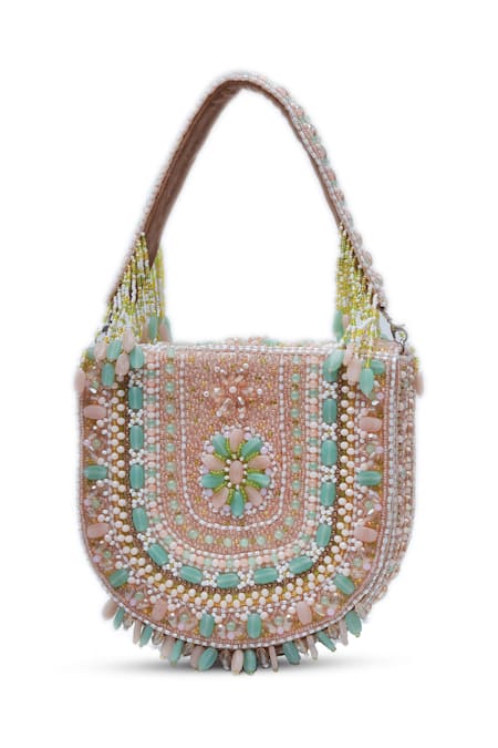 Shop The Tan Clan Peach Cut Work, Beads, Stones Amulya Cutdana Embellished Bag at Aza Fashions Shop_The Tan Clan_Peach Cut Work, Beads, Stones Amulya Cutdana Embellished Bag _at_Aza_Fashions