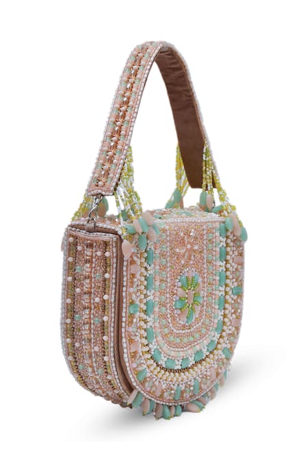 Shop The Tan Clan Peach Cut Work, Beads, Stones Amulya Cutdana Embellished Bag Online at Aza Fashions Shop_The Tan Clan_Peach Cut Work, Beads, Stones Amulya Cutdana Embellished Bag _Online_at_Aza_Fashions