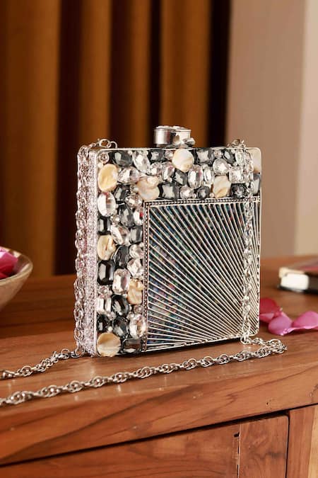 Shop The Tan Clan Silver Stone Aqsa Embellished Clutch at Aza Fashions Shop_The Tan Clan_Silver Stone Aqsa Embellished Clutch _at_Aza_Fashions