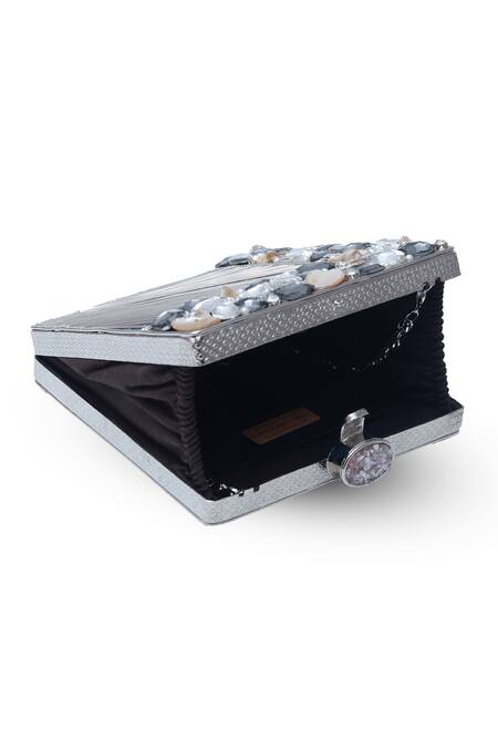 Shop The Tan Clan Silver Stone Aqsa Embellished Clutch Online at Aza Fashions Shop_The Tan Clan_Silver Stone Aqsa Embellished Clutch _Online_at_Aza_Fashions
