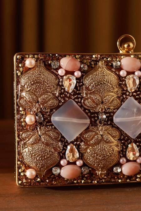 Shop_The Tan Clan_Gold Stones, Beads Arya Floral Carved Clutch _Online_at_Aza_Fashions