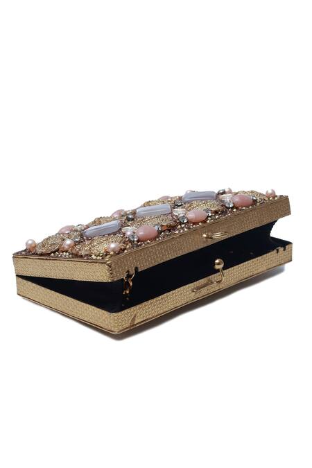 The Tan Clan_Gold Stones, Beads Arya Floral Carved Clutch _at_Aza_Fashions