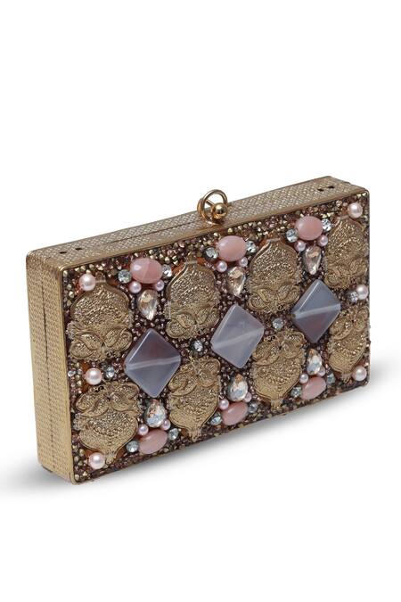 Buy_The Tan Clan_Gold Stones, Beads Arya Floral Carved Clutch 