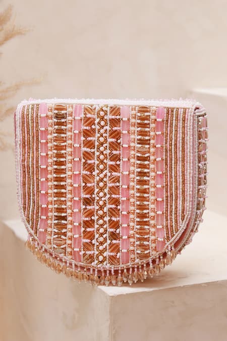 Shop The Tan Clan Pink Bead Asma Stripe Embellished Clutch at Aza Fashions Shop_The Tan Clan_Pink Bead Asma Stripe Embellished Clutch _at_Aza_Fashions