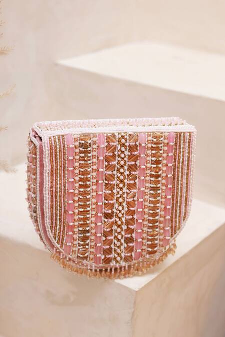 The Tan Clan Pink Bead Asma Stripe Embellished Clutch Online at Aza Fashions The Tan Clan_Pink Bead Asma Stripe Embellished Clutch _Online_at_Aza_Fashions