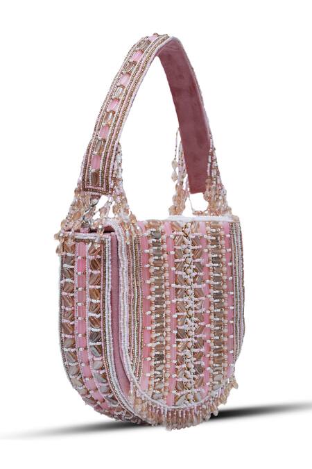 Shop The Tan Clan Pink Bead Asma Stripe Embellished Clutch Online at Aza Fashions Shop_The Tan Clan_Pink Bead Asma Stripe Embellished Clutch _Online_at_Aza_Fashions