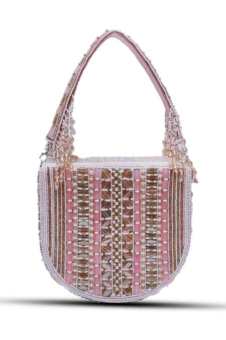 The Tan Clan Pink Bead Asma Stripe Embellished Clutch at Aza Fashions The Tan Clan_Pink Bead Asma Stripe Embellished Clutch _at_Aza_Fashions