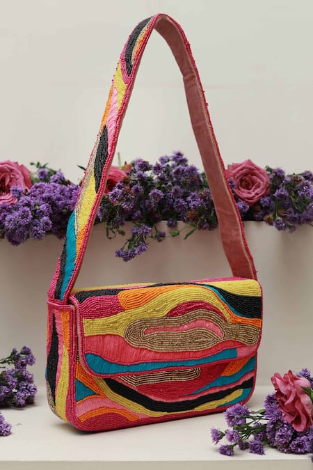 Shop The Tan Clan Multi Color Moti Aster Embellished Baguette Bag at Aza Fashions Shop_The Tan Clan_Multi Color Moti Aster Embellished Baguette Bag _at_Aza_Fashions