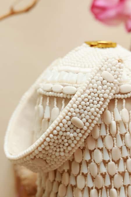 The Tan Clan_White Bead Bella Round Embellished Potli _Online_at_Aza_Fashions