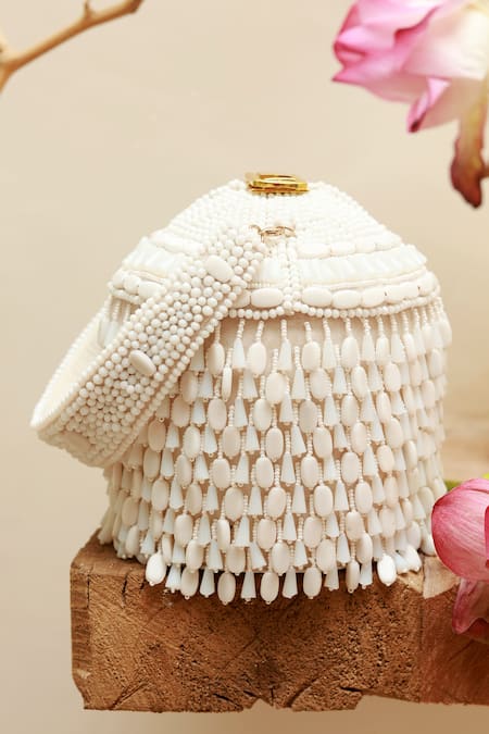 Buy_The Tan Clan_White Bead Bella Round Embellished Potli _Online_at_Aza_Fashions