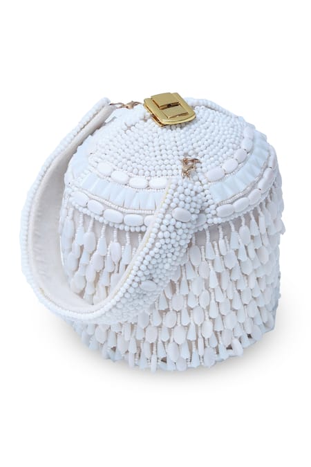 The Tan Clan_White Bead Bella Round Embellished Potli _at_Aza_Fashions