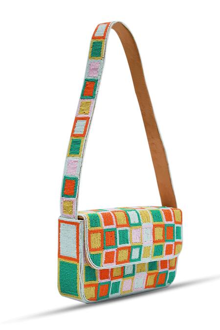 Shop The Tan Clan Multi Color Bead Blossom Embellished Baguette Bag Online at Aza Fashions Shop_The Tan Clan_Multi Color Bead Blossom Embellished Baguette Bag _Online_at_Aza_Fashions