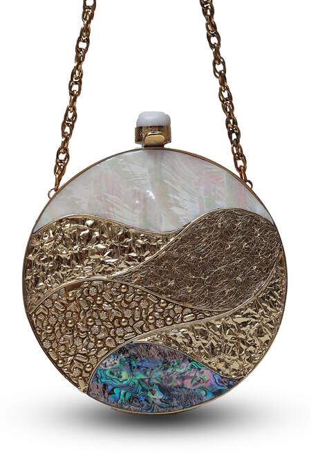 The Tan Clan Gold Mother Of Pearl Crescent Embellished Clutch Online at Aza Fashions The Tan Clan_Gold Mother Of Pearl Crescent Embellished Clutch _Online_at_Aza_Fashions