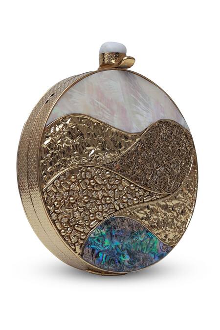 Buy The Tan Clan Gold Mother Of Pearl Crescent Embellished Clutch Online at Aza Fashions Buy_The Tan Clan_Gold Mother Of Pearl Crescent Embellished Clutch _Online_at_Aza_Fashions