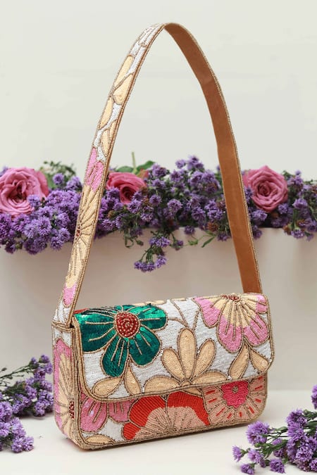 Shop The Tan Clan Multi Color Moti Daisy Floral Embellished Baguette Bag at Aza Fashions Shop_The Tan Clan_Multi Color Moti Daisy Floral Embellished Baguette Bag _at_Aza_Fashions