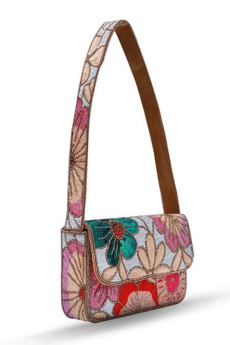 Shop The Tan Clan Multi Color Moti Daisy Floral Embellished Baguette Bag Online at Aza Fashions Shop_The Tan Clan_Multi Color Moti Daisy Floral Embellished Baguette Bag _Online_at_Aza_Fashions