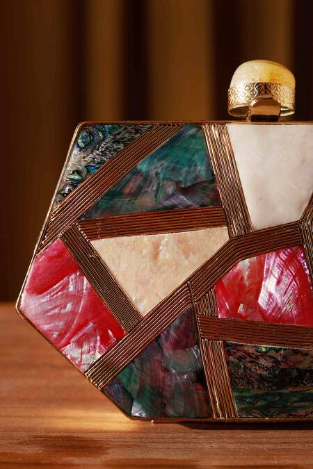 The Tan Clan Gold Pearls Emily Mother Of Embellished Clutch at Aza Fashions The Tan Clan_Gold Pearls Emily Mother Of Embellished Clutch _at_Aza_Fashions