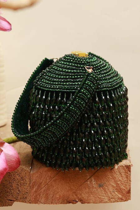 Shop_The Tan Clan_Green Crystals, Beads Emma Embellished Potli _at_Aza_Fashions