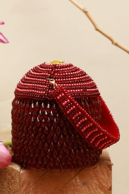Shop_The Tan Clan_Red Bead Emma Round Embellished Potli _at_Aza_Fashions