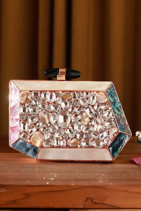 Shop_The Tan Clan_Gold Crystals, Pearls Hannah Mother Of Embellished Clutch _at_Aza_Fashions