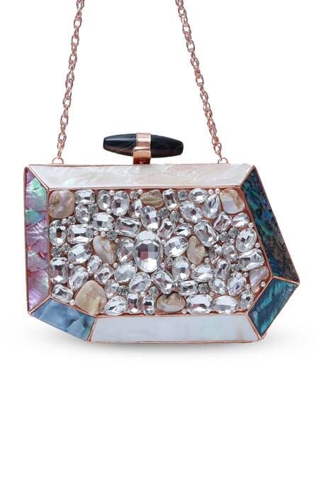 The Tan Clan_Gold Crystals, Pearls Hannah Mother Of Embellished Clutch _Online_at_Aza_Fashions