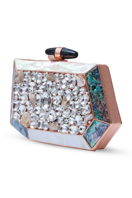 Buy_The Tan Clan_Gold Crystals, Pearls Hannah Mother Of Embellished Clutch _Online_at_Aza_Fashions