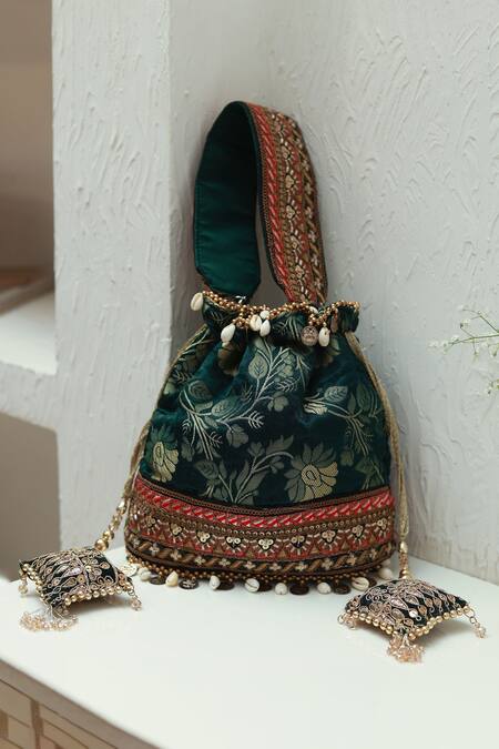 The Tan Clan_Green Sequins, Zari, Metallic Thread Kashvi Floral Woven Potli _Online_at_Aza_Fashions