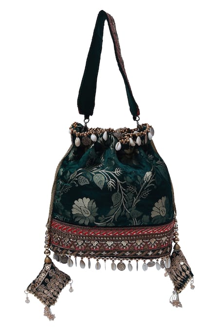 Buy_The Tan Clan_Green Sequins, Zari, Metallic Thread Kashvi Floral Woven Potli _Online_at_Aza_Fashions