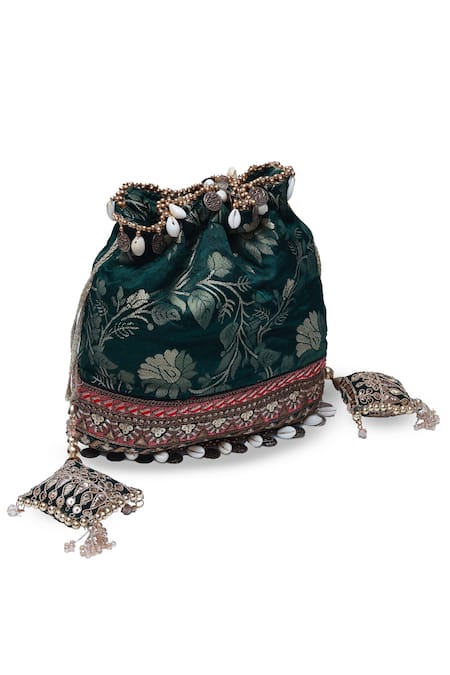 The Tan Clan_Green Sequins, Zari, Metallic Thread Kashvi Floral Woven Potli _at_Aza_Fashions