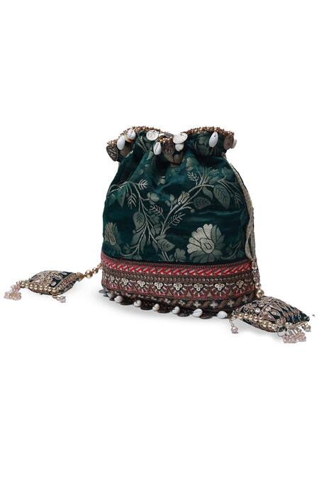 Buy_The Tan Clan_Green Sequins, Zari, Metallic Thread Kashvi Floral Woven Potli 