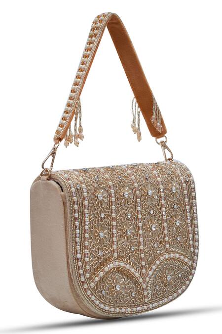 Buy_The Tan Clan_Beige Bead Kavya Embellished Clutch _Online_at_Aza_Fashions