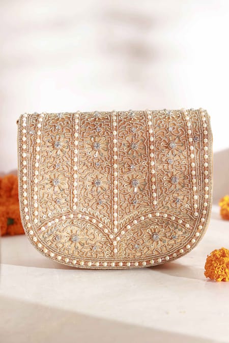 Shop The Tan Clan Gold Bead Kavya Embellished Flap Clutch at Aza Fashions Shop_The Tan Clan_Gold Bead Kavya Embellished Flap Clutch _at_Aza_Fashions