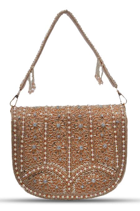 The Tan Clan Gold Bead Kavya Embellished Flap Clutch at Aza Fashions The Tan Clan_Gold Bead Kavya Embellished Flap Clutch _at_Aza_Fashions
