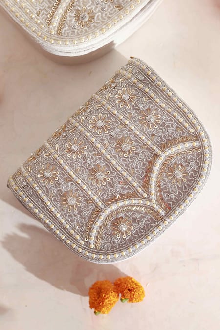 Shop The Tan Clan Grey Bead Kavya Embellished Flap Over Clutch at Aza Fashions Shop_The Tan Clan_Grey Bead Kavya Embellished Flap Over Clutch _at_Aza_Fashions